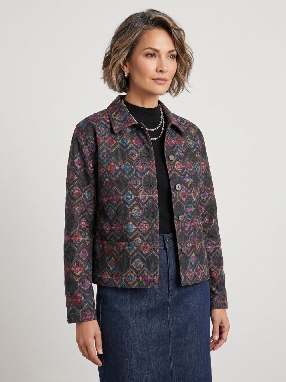 Chico's Design Vintage Southwestern Tapestry Denim Jacket Size 3 (XLarge) Boho